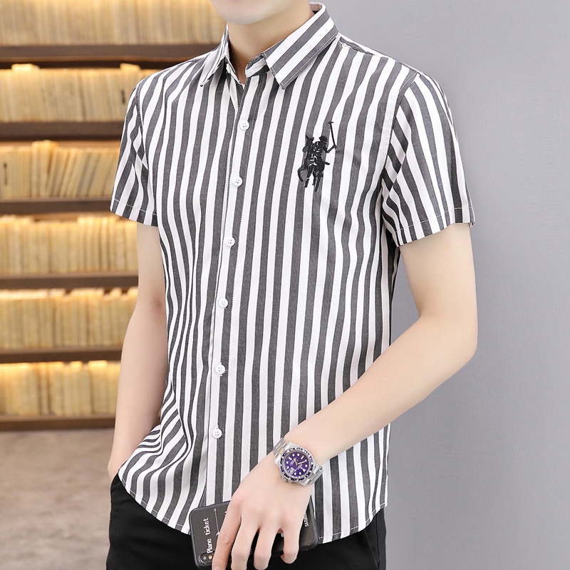 Áo Sơ Mi Cotton Tay Ngắn Dáng Ôm Thêu Họa Tiết Kẻ Sọc Thời Trang Mùa Hè Hàn Quốc Cho Nam 2022