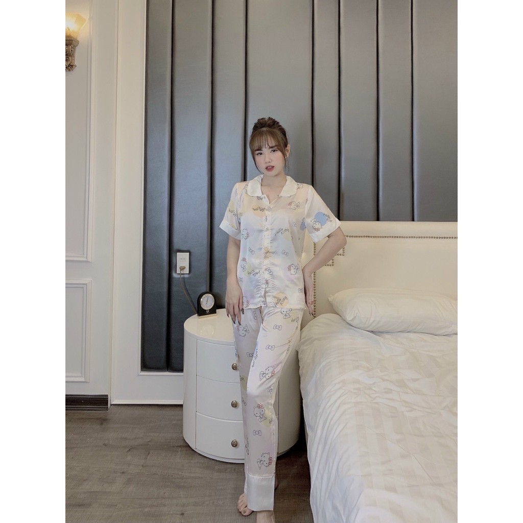 Đồ bộ pijama mặc nhà, đồ bộ nữ cộc tay quần dài chất lụa satin mềm mại, họa tiết xinh xắn | BigBuy360 - bigbuy360.vn