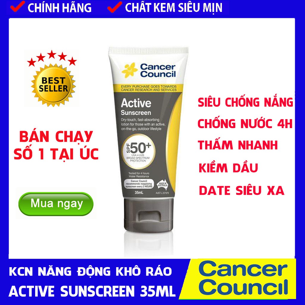 Kem Chống Nắng Cancer Council Active Sunscreen 35ml SPF50+, Cho Da Dầu và Người Chơi Thể Thao, NHÃN ĐEN