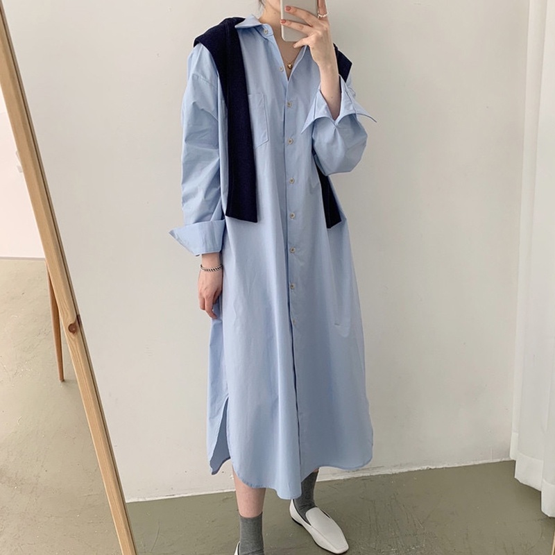 Đầm sơ mi form rộng trơn dáng xuông phong cách vintage Hàn quốc