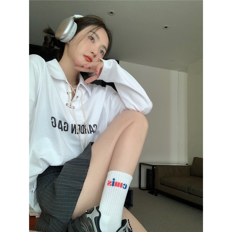 QKOOLE  Áo polo Tay Dài Màu Trắng Thời Trang Hàn Quốc Cho Nữ