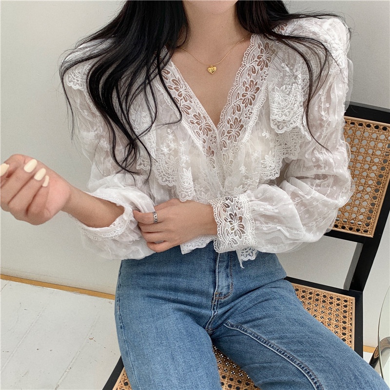 Áo kiểu tay dài cổ chữ V phối ren phong cách gợi cảm dành cho nữ