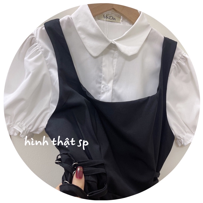 Set bộ váy yếm 2 món: áo sơ mi + váy đầm eo đan dây cá tính