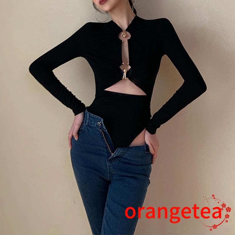 Bộ Áo Liền Quần Tay Dài Màu Sắc Trơn Có Vòng Kim Loại Dành Cho Nữ