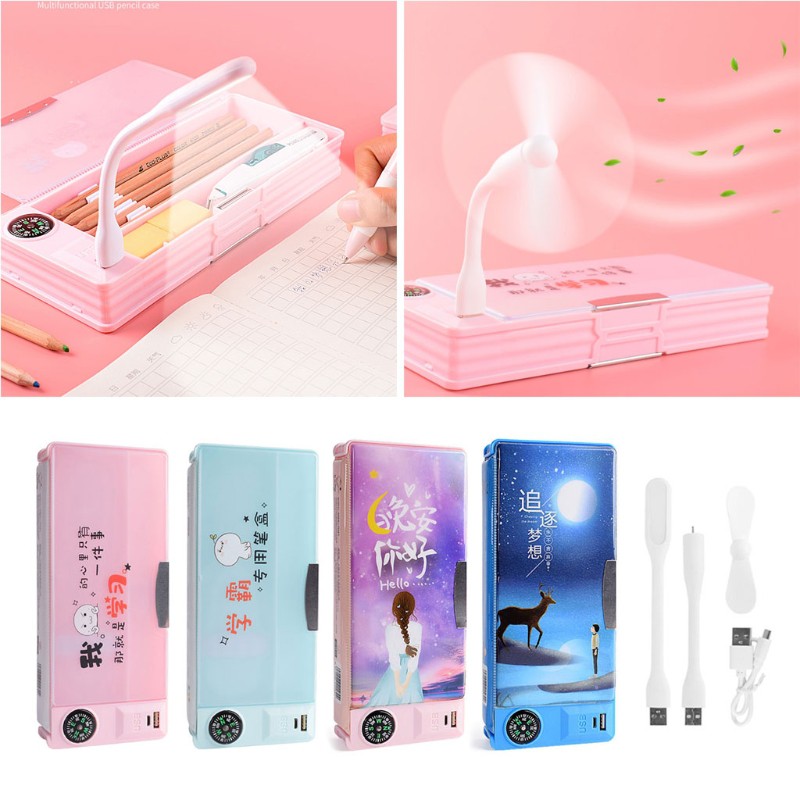 Top New Creative Multifunctional USB Charging Pencil Case With Led Light And Usb Mini Fan Stationery Box Pencil Case