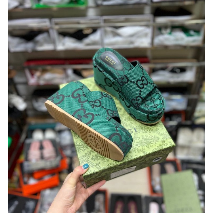 Dép Xuồng GC nữ cao 10-12p  nâu - xanh  form to