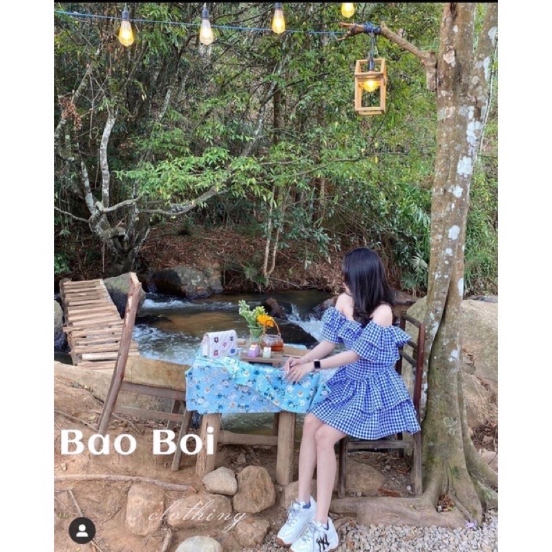 Đầm trễ vai kẻ caro, Váy trễ vai 2 tầng xanh có quần bảo hộ tiểu thư ulzzang Maitrangshop92 (TTA97)