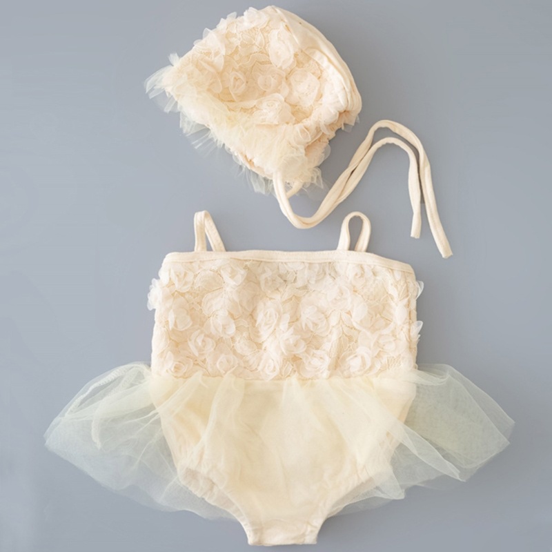 Set 2 Món Đầm Ren + Mũ Dễ Thương Làm Phụ Kiện Chụp Ảnh Cho Bé Gái Sơ Sinh