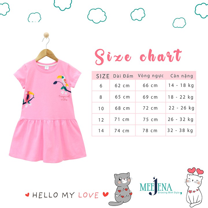 Đầm bé gái tay ngắn MEEJENA cho bé từ 14-38 kg, Vải 100% COTTON 4C - 1907