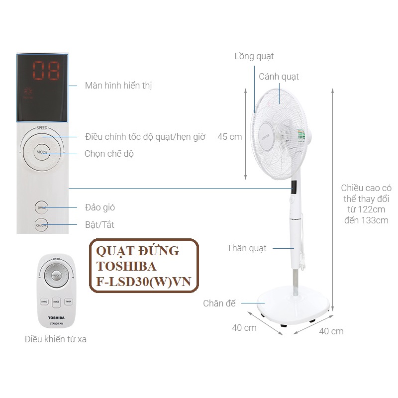 Quạt điện cây đứng có điều khiển Toshiba, quạt treo tường điều hòa làm mát cho gia đình - HAPOS