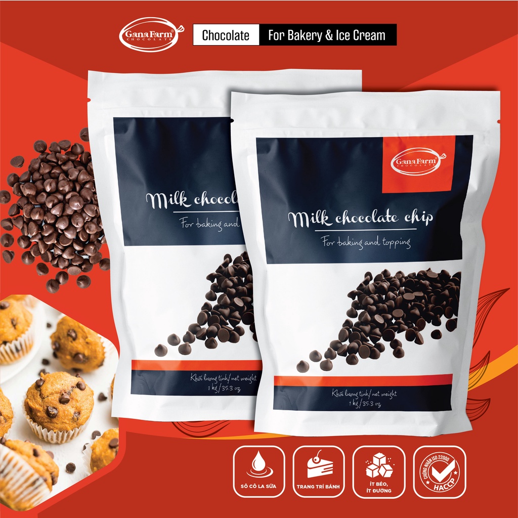 Combo 2 Socola Chip Sữa GANAFARM Túi Zip 1kg Loại Cao Cấp Dạng Viên Nhỏ Dùng Để Trang Trí Bánh Kẹo - CD1141