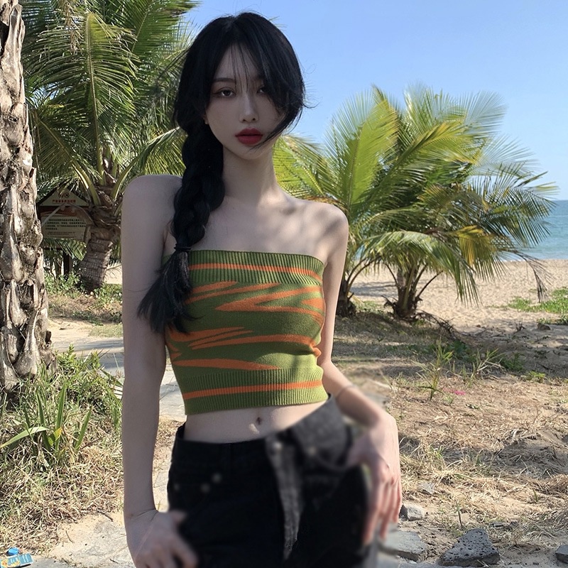 Áo Croptop Dệt Kim Mềm Co Giãn In Họa Tiết Phong Cách Retro Hàn Quốc Thời Trang Cho Nữ