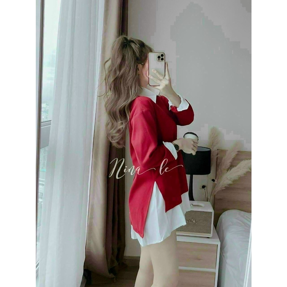 [8.8 Sales Freeship] Set đồ nữ 2 món, set đầm sơ mi trắng kèm áo đỏ chui đầu tay dài dấu quần dễ thương
