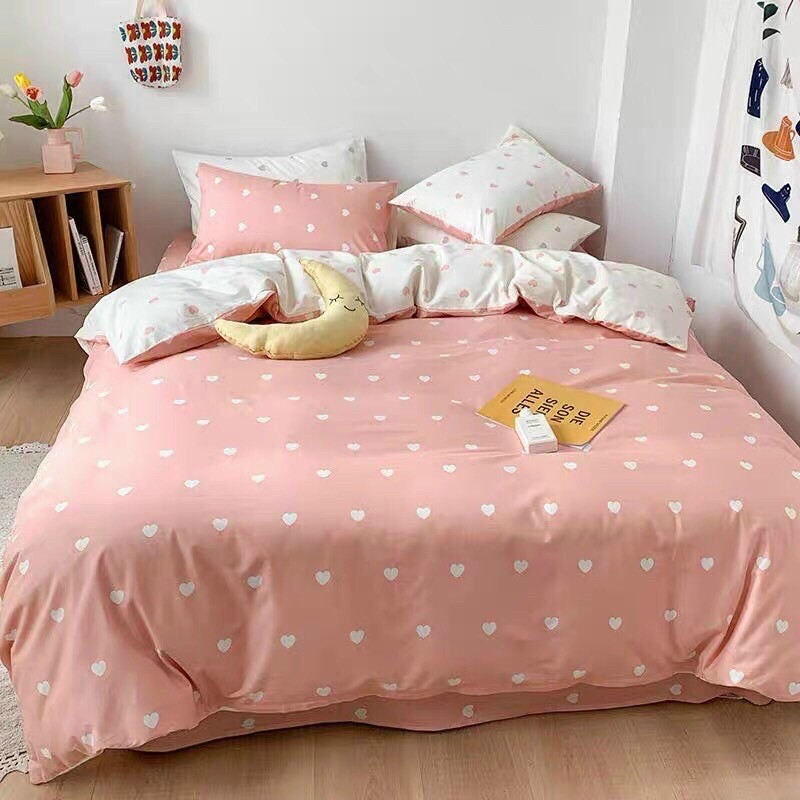 Bộ chăn ga gối tim trắng chất liệu cotton polly cao cấp hoại tiết tim kute đủ size miễn phí bo chun