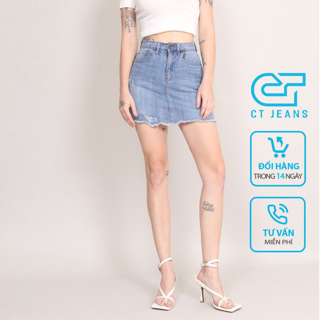 Chân váy jean chữ A rách gấu tua rua co giãn bên trong có quần CT JEANS
