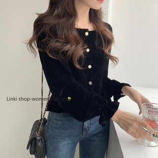 Áo Nhung Tay Dài Cổ Vuông Phong Cách Hàn Quốc Cho Nữ ❕ 💝