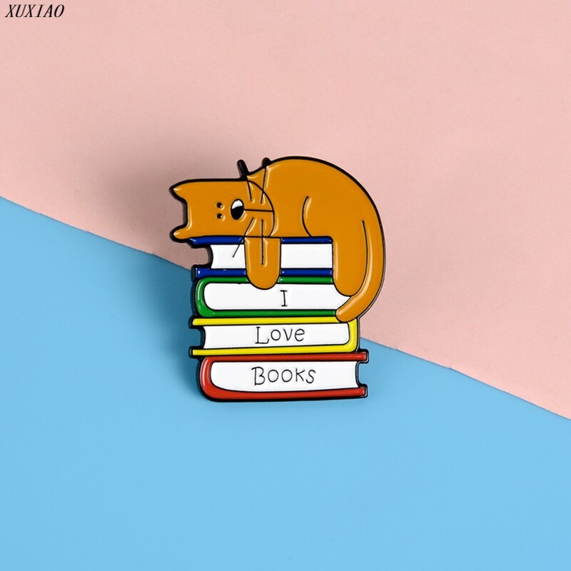 Ghim Cài Áo Tráng Men Hình Mèo Đọc Sách Hoạt Hình Vui Nhộn