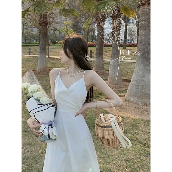 (Ảnh thật) Order đầm hai dây hở lưng thắt nơ sau chất liệu phi bóng