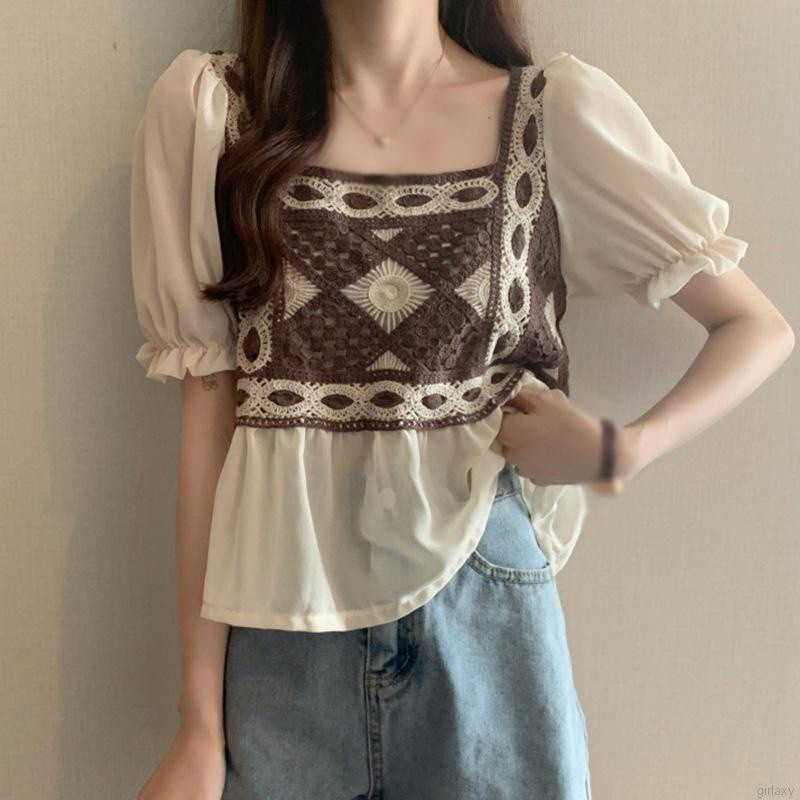 Áo Sơ Mi Tay Ngắn Phồng Thêu Họa Tiết Phong Cách Hàn Quốc Cổ Điển Thời Trang Mùa Hè Cho Nữ