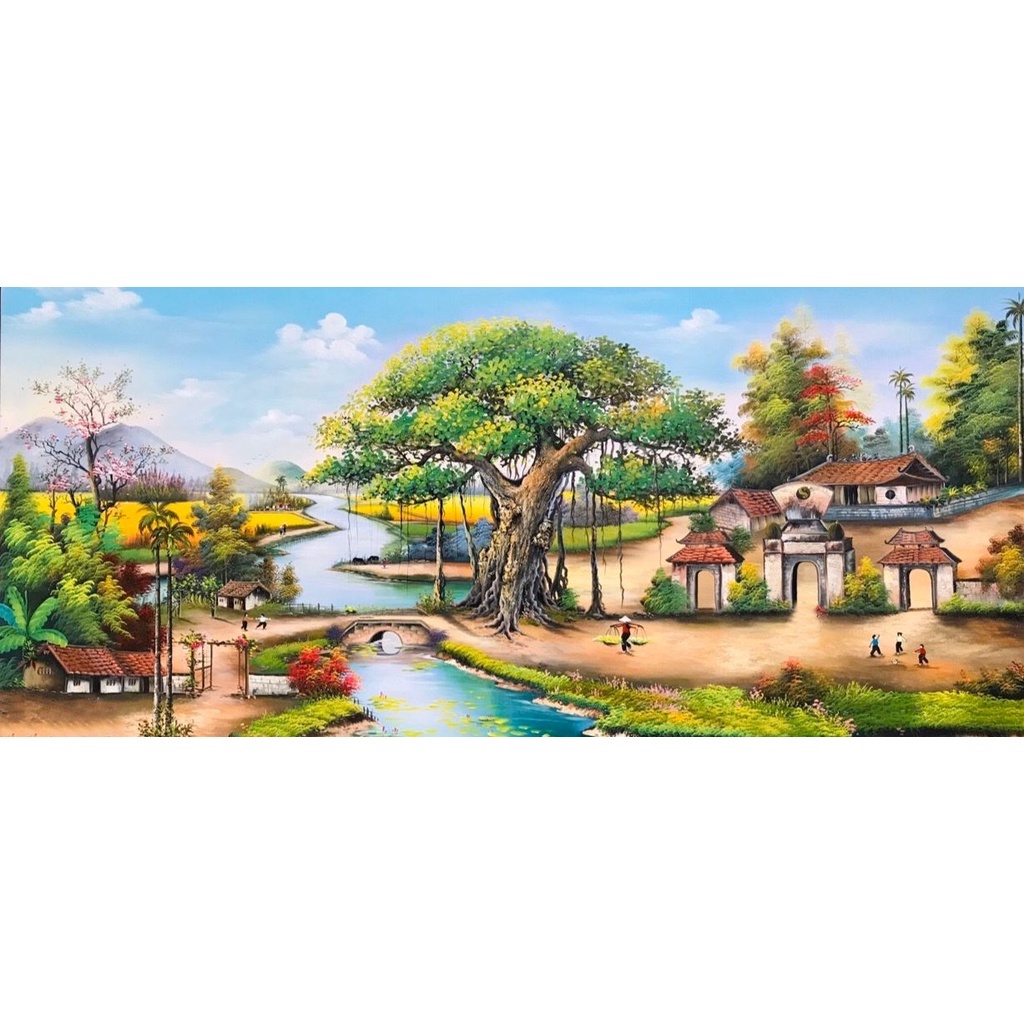 (GIÁ SỈ) Tranh đính đá phong cảnh làng quê, tranh đinh đá tự làm khổ lớn cây đa giếng nước