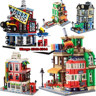 Lắp ghép Mô hình Wange City Architecture Coffee Auto Repair Shop BBQ DIY Small Particle Quán cà phê Cửa hàng sửa chữ