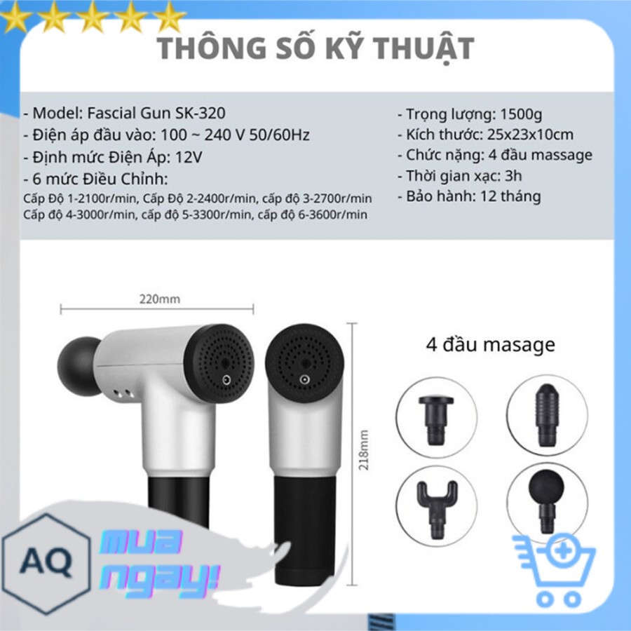 Máy Massage, Súng Massage Toàn Thân 4 Đầu 6 Chế Độ Fascial, Giảm Đau Mỏi Vai Gáy, Giãn Cơ Sau Tập, Bảo Hành 2 Năm - LA