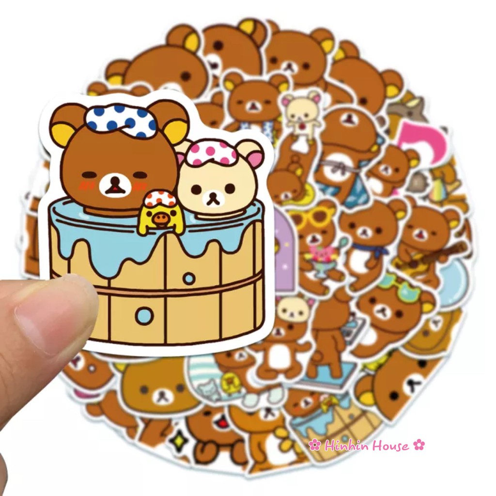 Set 50 Sticker PVC Chống Thấm Nước Chủ Đề Gấu Rilakkuma Cute Dán Vali, Mũ Bảo Hiểm, Laptop, Guitar, Ván Trượt, Bình Nước