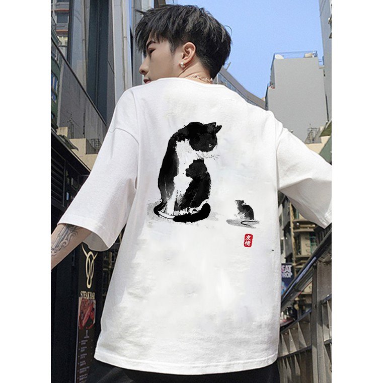 Áo thun unisex nam nữ tay lỡ họa tiết mèo và chuột vải dày mịn 2021T3123