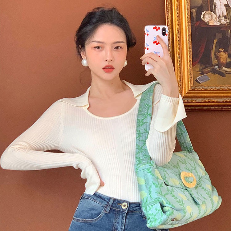 COZOK Áo len tay dài ống loe cổ điển