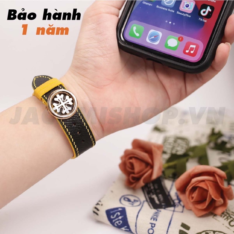 [DÂY DA THẬT] DÂY DA BÊ EPSOM MAY TAY THỦ CÔNG MÀU ĐEN CHỈ VÀNG KHÓA PATEK CHO APPLE WATCH SERIES 1=&gt;6 (BẢO HÀNH 1 NĂM)