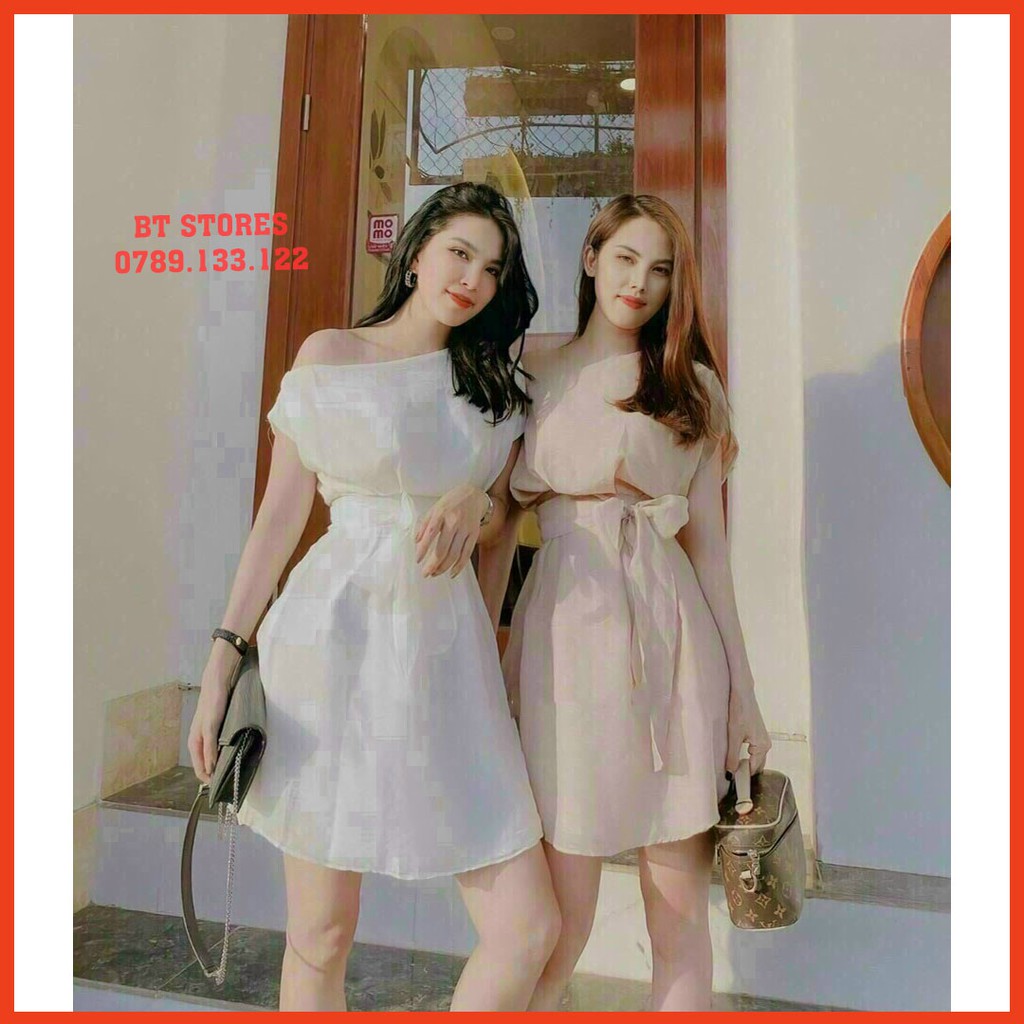 Đầm trắng vai trễ, thắt nơ eo, có lót trong chất liệu tơ Sunny (BT028)