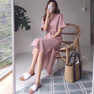 Đầm sơ mi hồng túi mổ