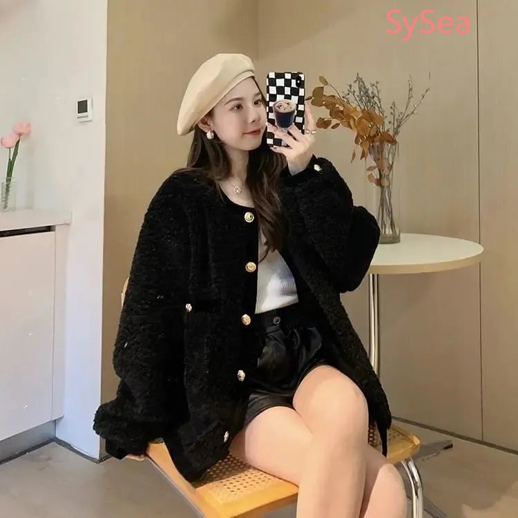 Áo khoác lông cừu tay dài dáng rộng thời trang mùa đông cho nữ