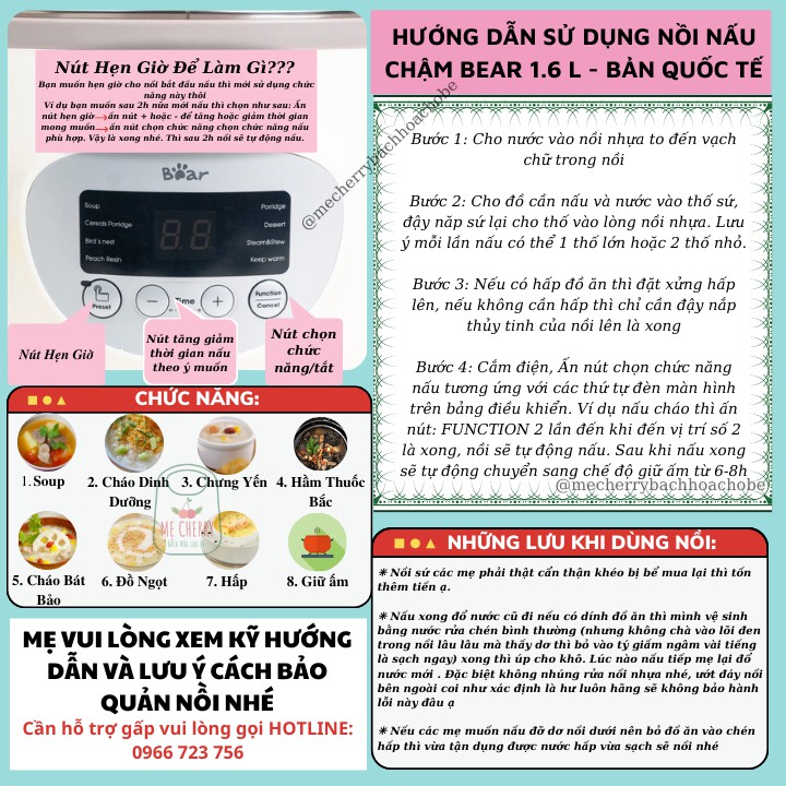 Nồi nấu cháo chậm đa năng Bear 1.6 lít - Phiên Bản Quốc Tế