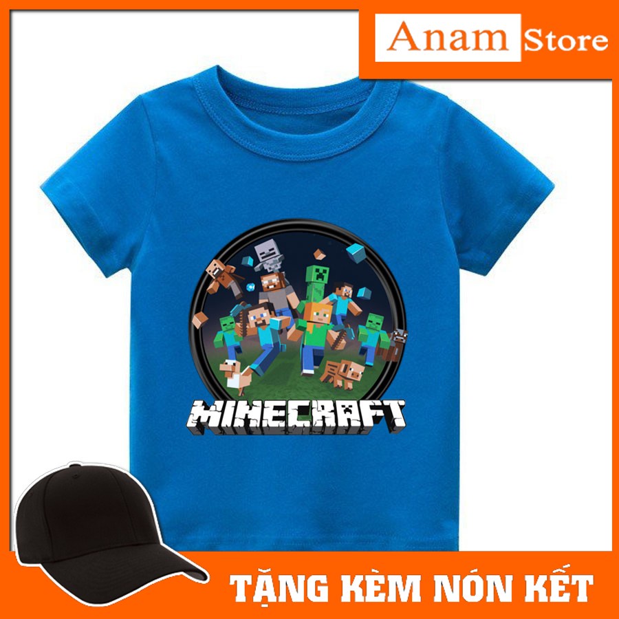 Áo thun trẻ em minecraft, có size người lớn, Tặng kèm nón kết, Anam Store