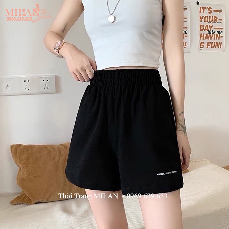 Quần ngắn nữ mặc nhà thể thao tập gym ngủ lưng chun cao thêu chữ dáng quần short nữ ống rộng đi biển