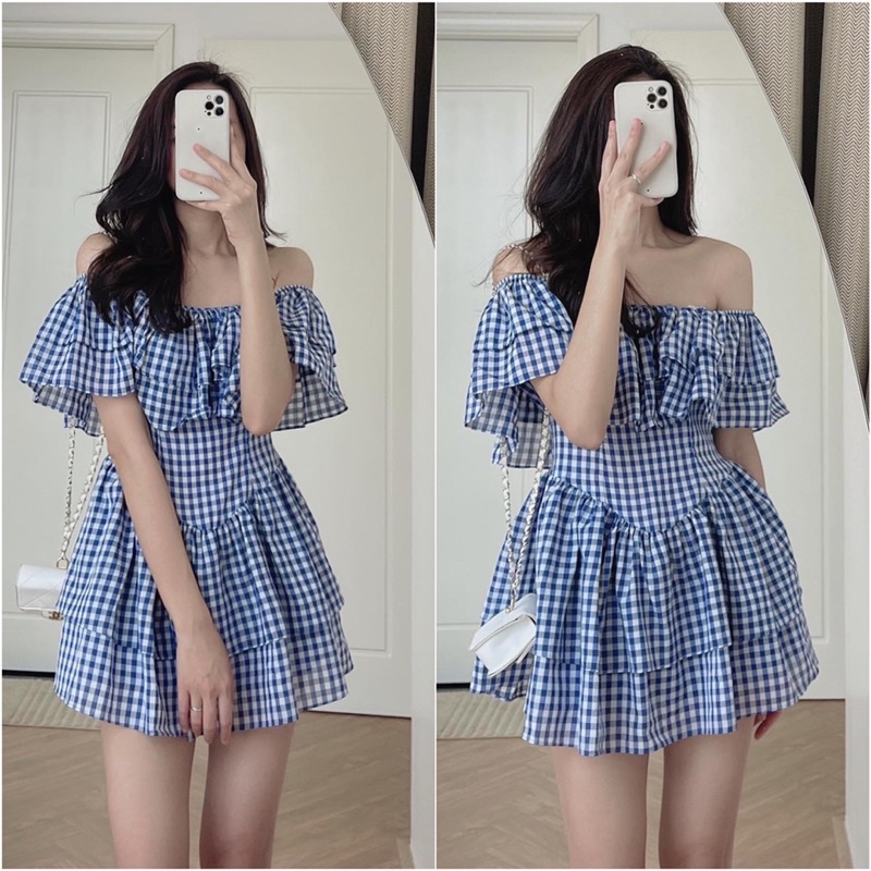 Váy Xinh Caro Xanh Trễ Vai - Váy Tầng Dáng Xoè Ulzzang Style (Hàng Loại 1)