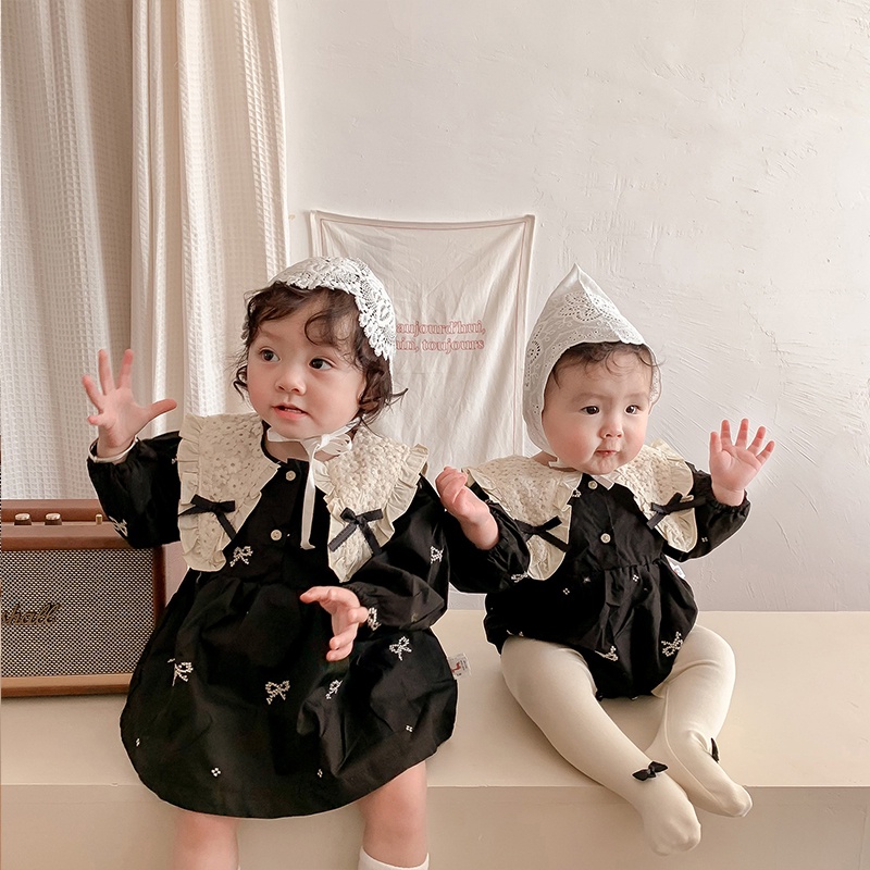 Đầm Công Chúa Tay Dài Cổ Phối Ren Màu Đen Thắt Nơ Cho Bé Gái