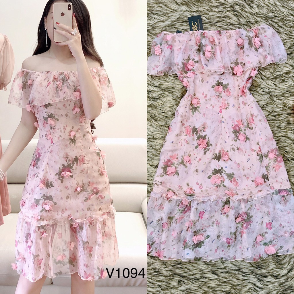 [ xả kho ] MiD Đầm hoa 3D trễ vai V1094 Mie Design ảnh thật