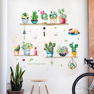 Decal dán tường chậu cây xương rồng và chú mèo