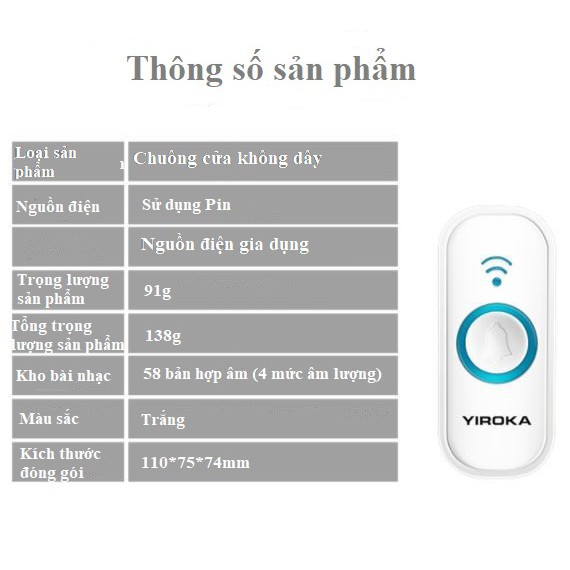 [FREESHIP] Chuông cửa không dây YIROKA, chuông cửa thông minh từ xa mới tiêu chuẩn Châu Âu và Mỹ, chuong cua khong day