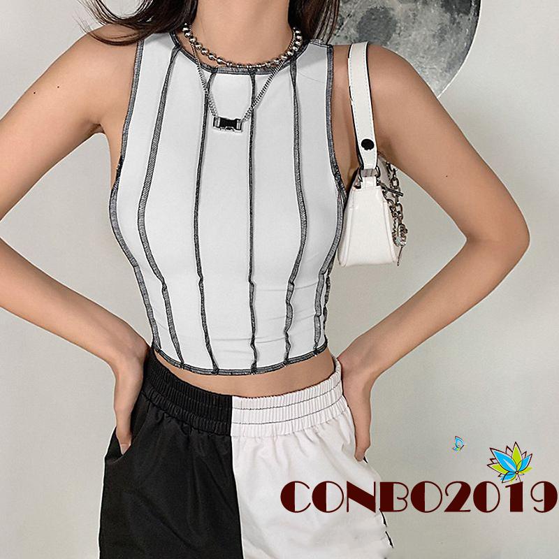 Hgm- Áo Thun Sát Nách Cổ Tròn Kẻ Sọc Dọc Cho Nữ