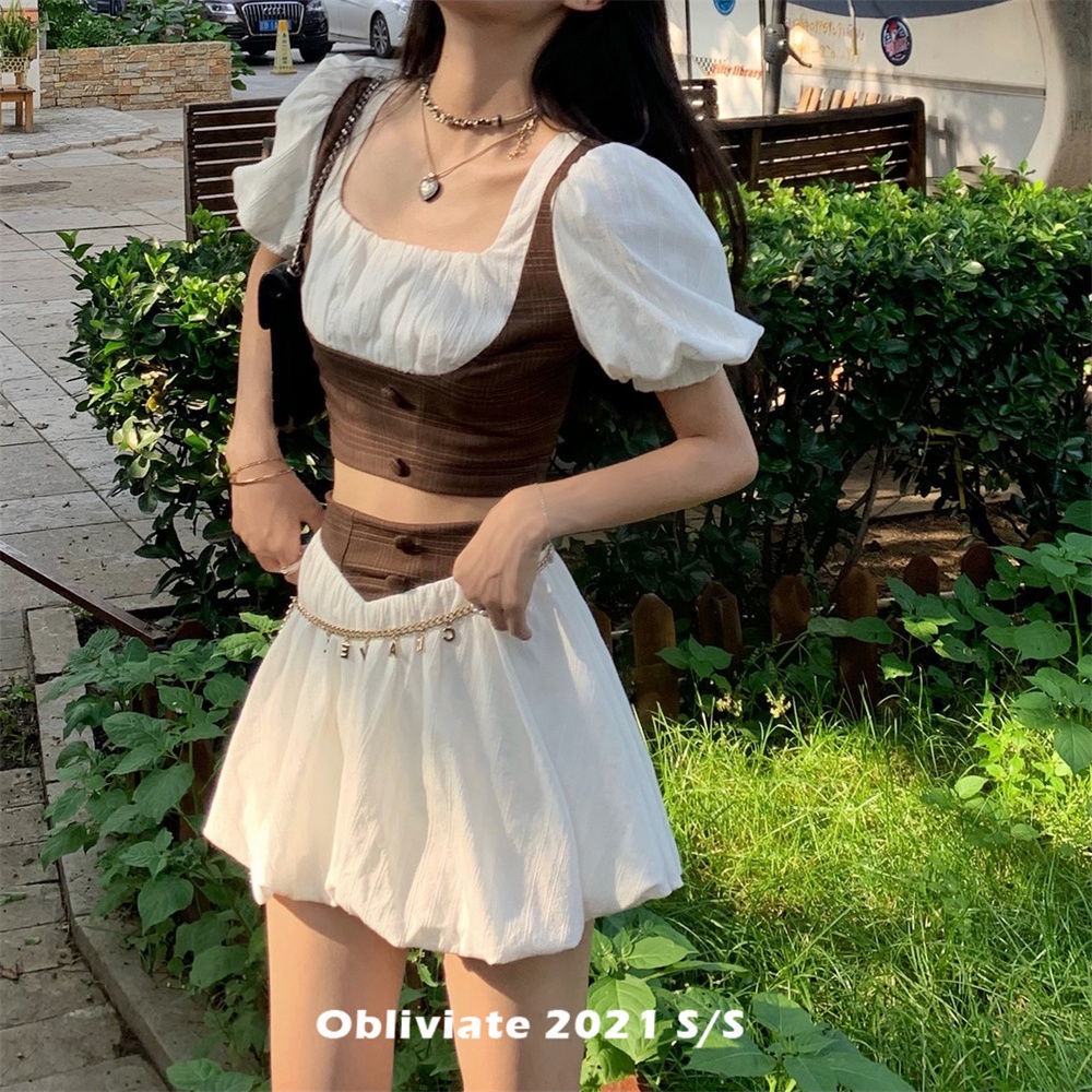 Bộ Đầm Công Chúa Cổ Vuông Màu Trắng Socola Phong Cách Retro Pháp