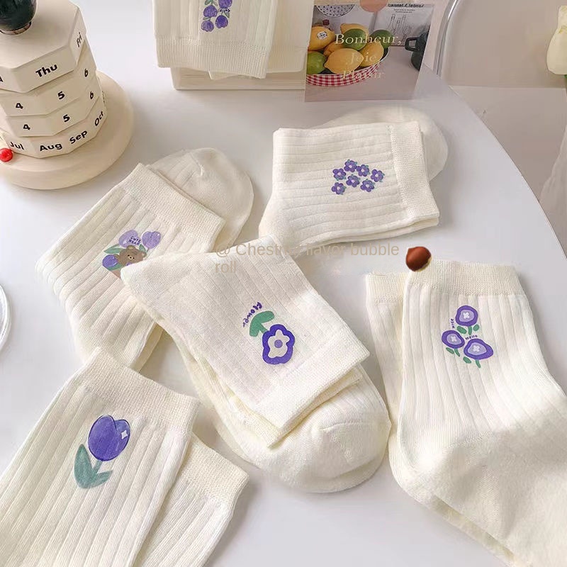 Vớ Dài Mỏng Họa Tiết Hoa Tulip Màu Tím / Trắng Đơn Giản Thời Trang Cho Nữ