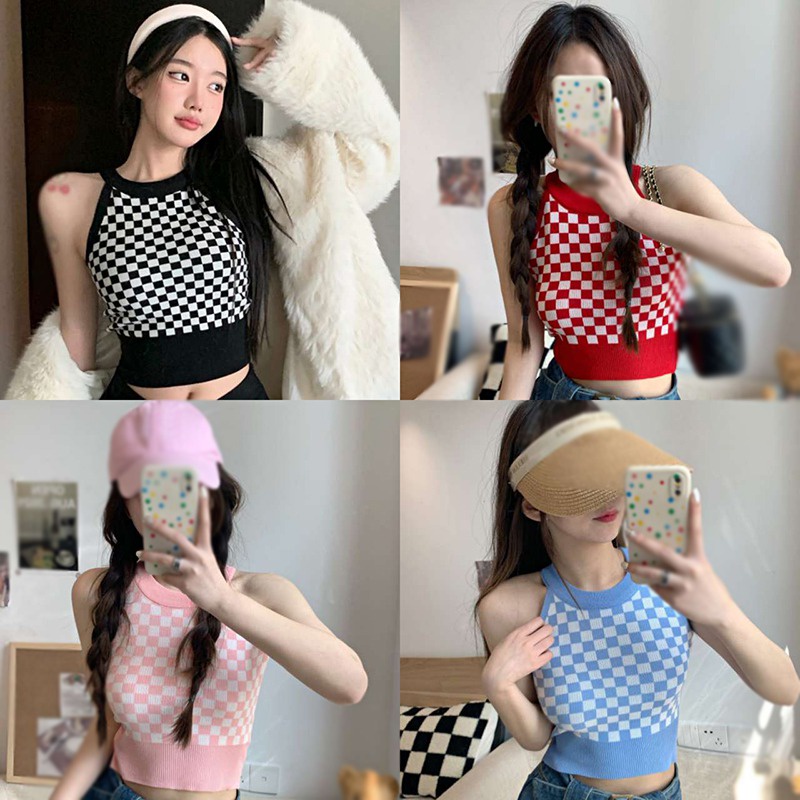 Áo croptop không tay họa tiết caro phong cách Hàn Quốc quyến rũ cho nữ