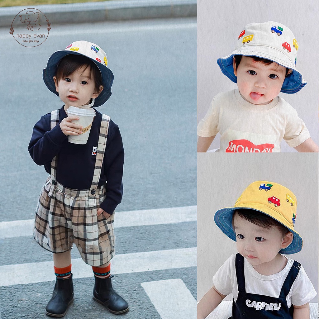 🅷.🄴🅅🄰🄽 [Vòng đầu 45-47cm] Nón vải mùa hè 100% cotton cho bé trai bé gái, thêu đắp nổi hoạ tiết ô tô, có dây đeo.