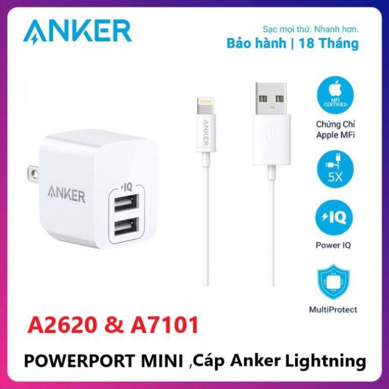 hien01 hmm Củ Sạc 2 Cổng Anker PowerPort Mini 12W - A2620 / Dây Cáp Sạc Lightning cho iphone Chuẩn MFi Anker 0.9m A7101