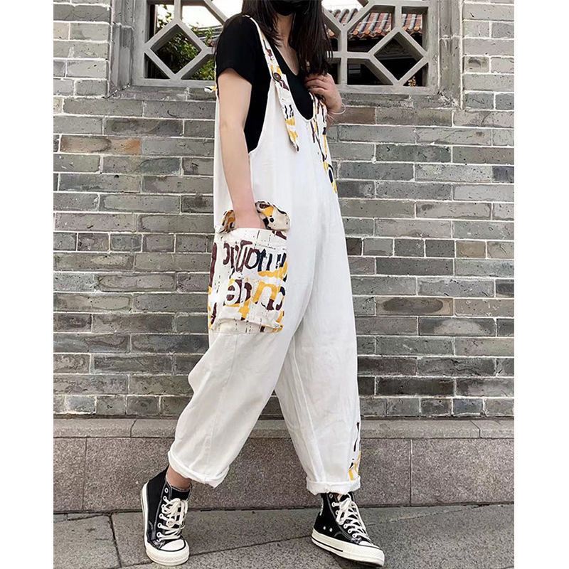 Quần Yếm Denim Dáng Rộng In Chữ Thời Trang Cá Tính Cho Nữ