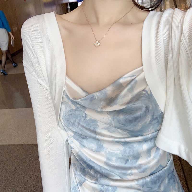Áo Khoác Cardigan Dệt Kim Vải Lụa Mát Mỏng Dáng Ngắn Thời Trang Mùa Hè Dành Cho Nữ