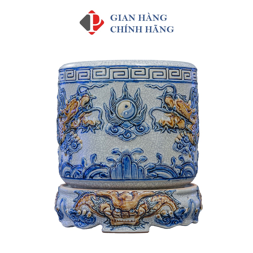 Chân đỡ bát hương tròn Men Rạn Nổi họa tiết RỒNG, đồ thờ cúng Phùng Gia - Gốm sứ Bát Tràng cao cấp
